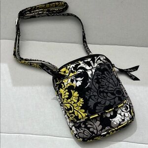 Vera Bradley Retired Baroque Black and Yellow Floral Crossbody Bag 8” x 6” x 1”.
